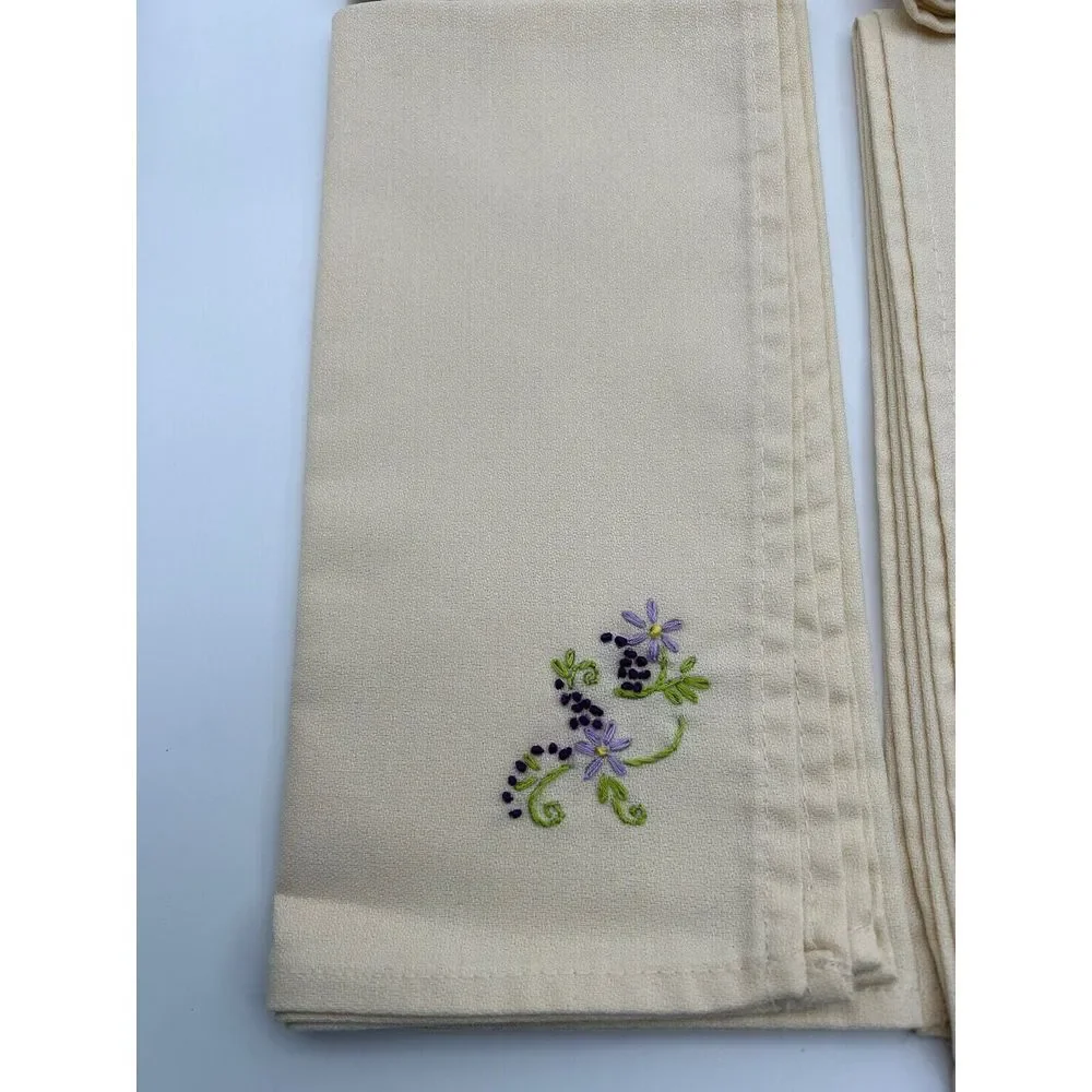 6 Hand‎ Embroidery Table Napkins  Flowers Purple With Green Leaves